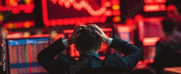 Fototapeta The businessman experiencing distress in a chaotic financial market environment.