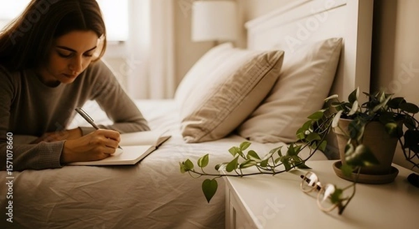 Fototapeta A woman writing in a notebook on a bed in a cozy bedroom with a plant and glasses on a nightstand soft lighting and warm tones convey a sense of peace.