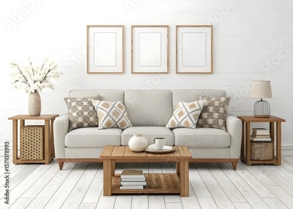 Fototapeta Nice traditional interior with three empty vertical frames on the wall above cozy sofa. Decorated white living room with curtains. 3d rendering.