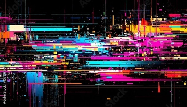 Fototapeta Digital glitch-inspired abstract art, neon color splashes and pixel distortions, concentrated on the sides, dark background