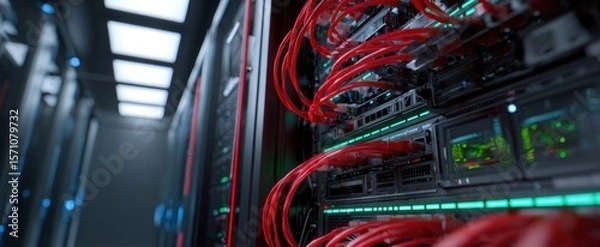 Fototapeta The server room with intricate connections and vibrant cables illuminated inside.