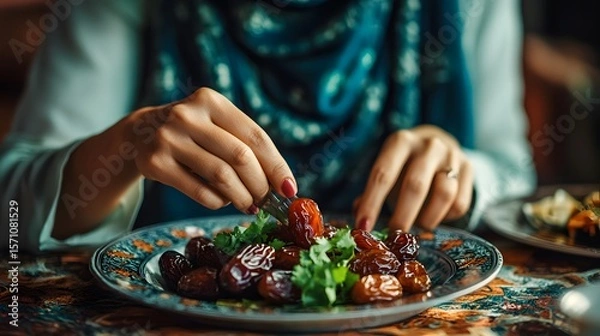 Obraz Person eating dates with a fork.