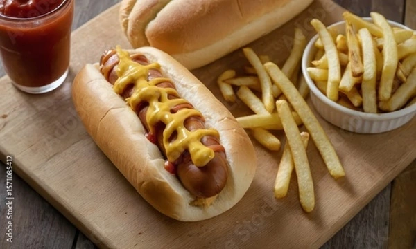 Fototapeta Delicious hot dog with mustard and ketchup, served with fries and sauce on a wooden board