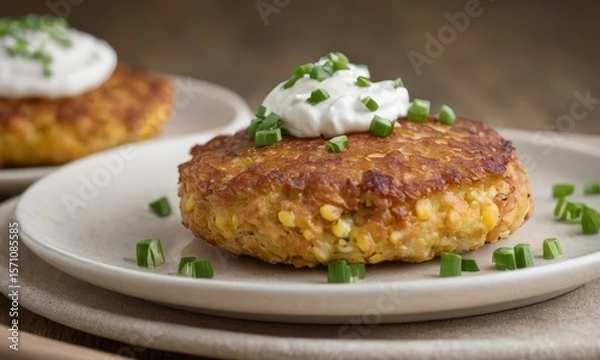 Fototapeta Delicious Corn Fritters with Cream and Chives on a Rustic Plate Presentation