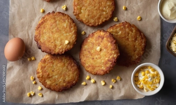 Fototapeta Delicious golden corn fritters arranged attractively on a brown surface, ready to be served