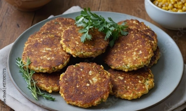 Fototapeta Delicious homemade corn fritters plated and garnished on a wooden table, ready to be enjoyed