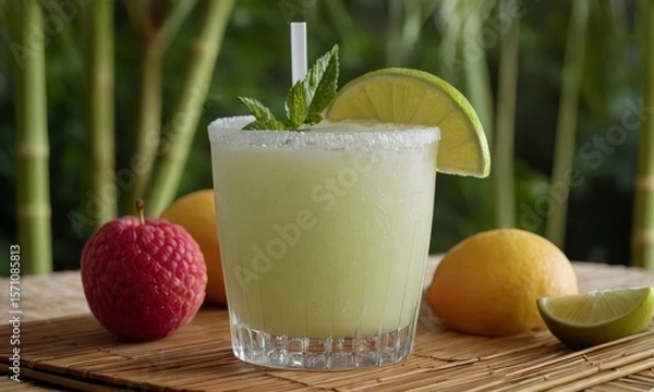 Fototapeta Refreshing margarita with a lime wedge and lychee for summer days