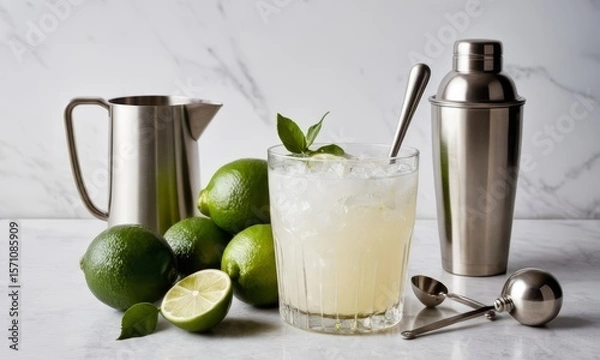 Fototapeta Refreshing Margarita Cocktail Preparation with Fresh Limes and Barware