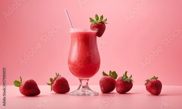 Fototapeta Refreshing strawberry smoothie in a glass with fresh strawberries arranged on a pink background