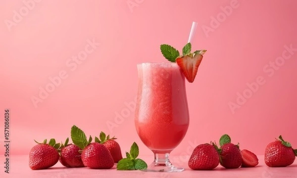 Fototapeta Delicious strawberry smoothie garnished with fresh strawberries and mint