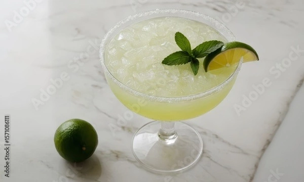 Fototapeta Refreshing Margarita Cocktail with Lime and Mint on Marble Surface