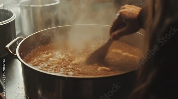 Obraz Cooking a hearty stew in a large pot.