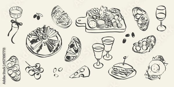 Fototapeta Whimsical chalk food and charcuterie doodles. Quirky icons of breakfast and dinner meals in crayon style. Trendy art for menus and invitations. La dolce vita italian vector illustration