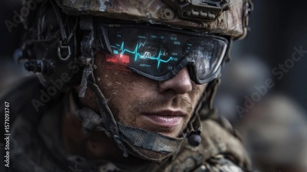 Fototapeta Combat soldier monitoring vital signs battlefield digital display war zone close-up military technology