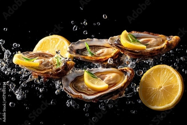 Fototapeta Fresh oysters on the half shell with lemon slices