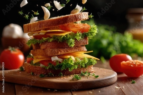 Fototapeta sandwich with fresh ingredients like lettuce, tomato, and cheese, garnished with herbs and a soft motion effect on the ingredients as if being gently tossed