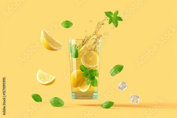 Fototapeta A glass of lemon juice with fresh lemon slices splashing into it