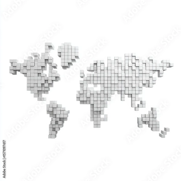 Fototapeta A conceptual illustration of a world map created from white cubes, representing global connection and digital infrastructure expansion