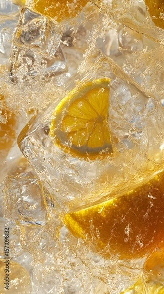 Fototapeta Close-up view of citrus slices in ice cubes.