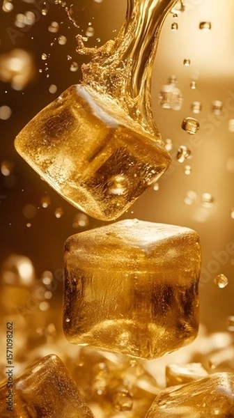 Fototapeta Golden ice cubes in motion with splashing liquid.