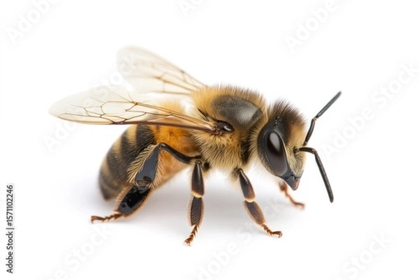 Fototapeta Macro shot of a bee hovering near a purple lavender flower with detailed focus on its compound eyes and fuzzy body