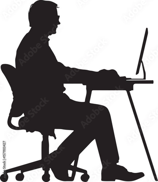 Obraz Person Sitting at Desk Working on Computer Silhouette Vector Illustration on Transparent Background