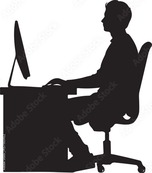 Obraz Person Sitting at Desk Working on Computer Silhouette Vector Illustration on Transparent Background