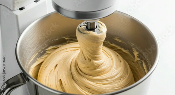 Fototapeta An electric stand mixer whipping cream or batter in a stainless steel bowl in a professional kitchen