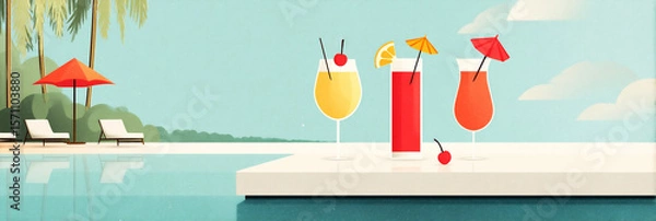 Fototapeta Colorful tropical cocktails on a poolside bar with vibrant umbrellas, surrounded by palm trees and lounge chairs, creating a relaxing summer atmosphere
