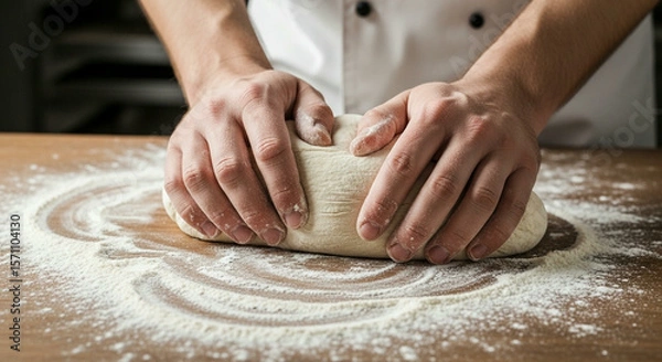 Fototapeta Close-up of a chef's hands professionally kneading a smooth ball of dough on a floured surface