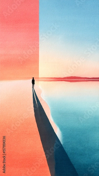 Fototapeta Watercolor illustration of a solitary figure standing on a serene beach, casting a long shadow towards the horizon, blending warm and cool colors in the sky