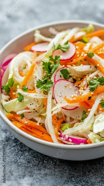 Fototapeta Fresh cabbage salad with carrot, sliced onion and white radish, served in a clean white ceramic bowl.