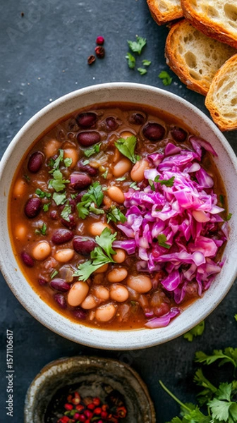 Fototapeta Red bean lobio stew served in a simple white ceramic bowl, accompanied by pickled cabbage and slices of rustic homemade bread on the side.