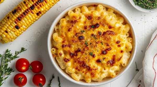Fototapeta Mac and cheese with grilled corn on the cob and cherry tomatoes, creamy and cheesy macaroni on a white plate.