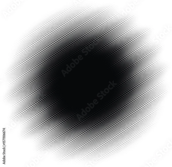 Fototapeta Halftone vector with radial gradient made of warped dots. Dense black center fades to white with tilted ripple distortion. Great for retro or tech themes.