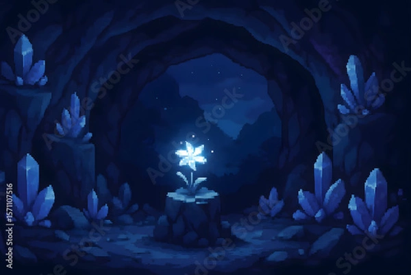 Fototapeta Pixel art of magical cave with glow. A glowing flower inside a dark cave filled with blue crystals.