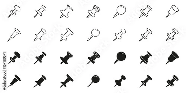 Fototapeta Push Pin Line And Solid Icon Set. Office And Organization Tool Outline And Silhouette Symbol Collection. Stationery And Bulletin Board Accessory. Isolated Vector Illustration