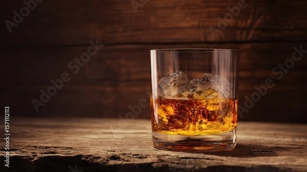 Fototapeta The glass of whiskey with ice on a rustic wooden table.