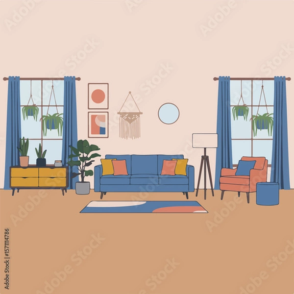Obraz Living room interior. Vector flat  cartoon illustration