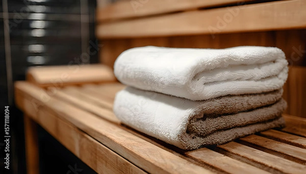 Fototapeta A cozy sauna setting featuring neatly stacked towels on a wooden bench, ideal for a relaxing and rejuvenating experience.