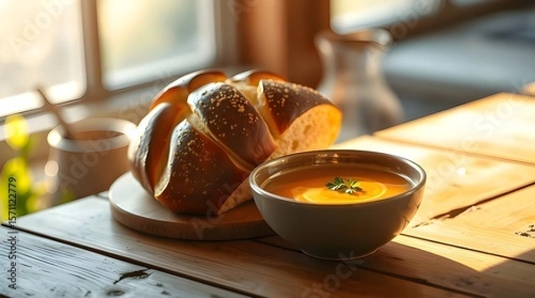 Fototapeta Modern flat design illustration of Challah bread and soup on a rustic table in sunlight. Blurred bokeh effect, sharp subject focus, soft background, simple two-dimensional shapes 