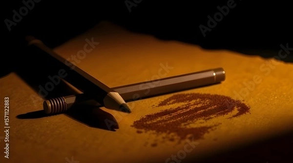 Fototapeta Bioluminescent brown and beige brow pencils and spoolie on kraft paper, glowing with moody, low-contrast lighting, vibrant beige and brown hues, natural light effects creating a strong, stylized