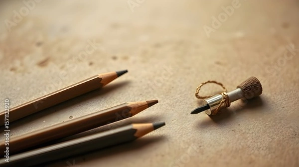Fototapeta High-angle, soft cinematic view of brown and beige brow pencils and spoolie on kraft paper background, with soft focus, hazy background, and elevated perspective
