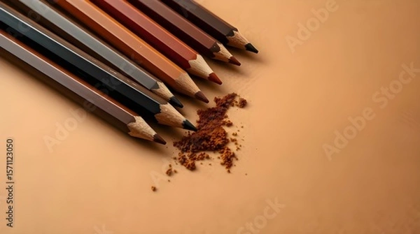 Fototapeta High angle perspective of Brown and Beige Brow Pencils and Spoolie on Kraft Paper Background, warm golden hour light, soft light just after sunrise or before sunset, elevated viewpoint 