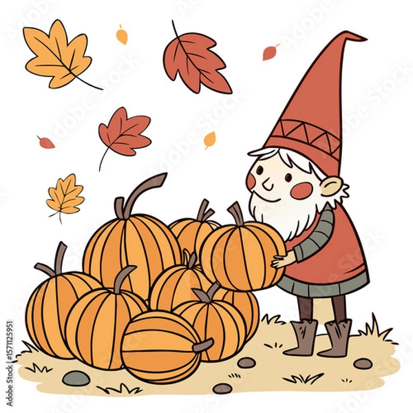 Fototapeta Cute gnome character, autumn leaves, pumpkins, harvest season, whimsical, colorful, hand-drawn style, digital illustration, cartoon, vector graphics
