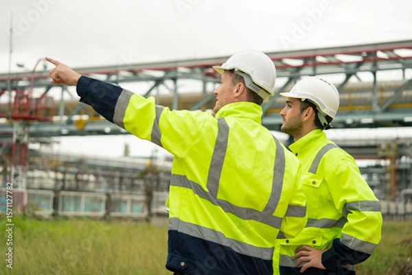 Fototapeta Engineers wearing safety gear discussing work at an oil refinery plant. Industrial background with metal structures and pipelines. Professional teamwork and communication in the energy indust