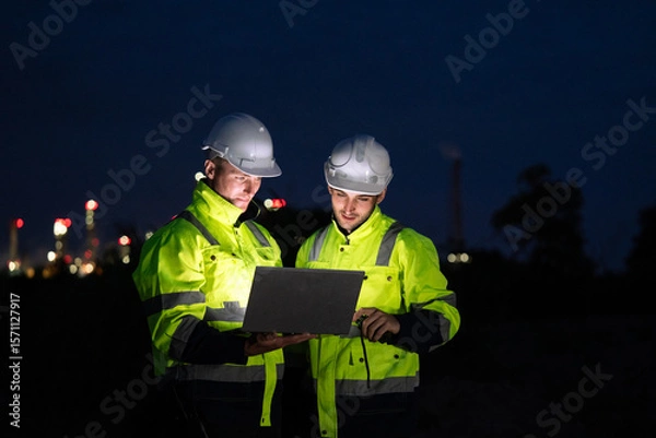 Fototapeta Engineer worker watching work monitor on laptop and checking for quality control at construction site of petroleum chemical industry or refinery oil plant factory overtime at night