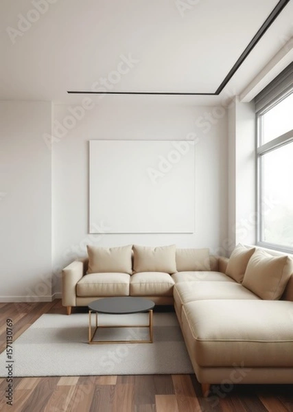 Fototapeta Room interior mockup poster with the sofa beige Empty room interior design architecture blank design room