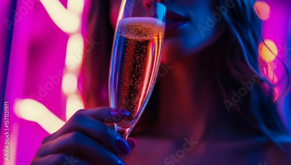 Fototapeta A close-up image of a woman sipping champagne from a glass, surrounded by vibrant neon lights and a vibrant, colorful background, capturing a festive and enchanting atmosphere.
