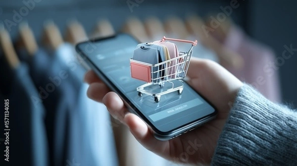 Fototapeta A hand holding a smartphone displaying a digital shopping cart with clothing items, ready for checkout